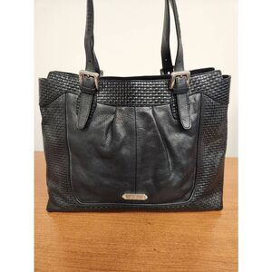 Cole Haan Black Woven and smooth Leather Hobo Bag with silvertone hardware